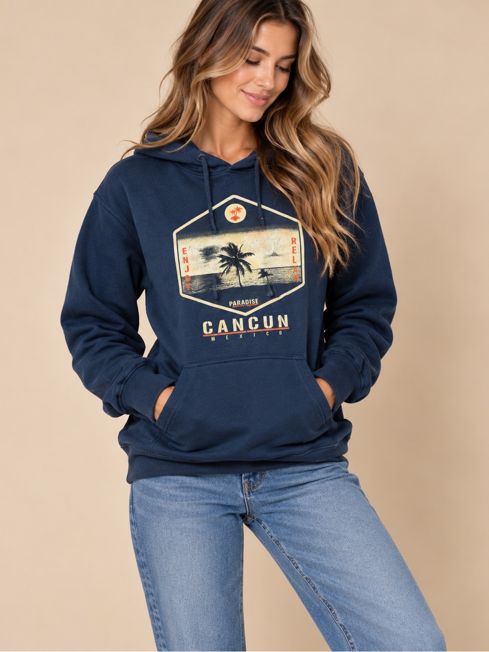 Los Cinco Soles Cancun Mexico Navy Graphic Hoodie Size Small